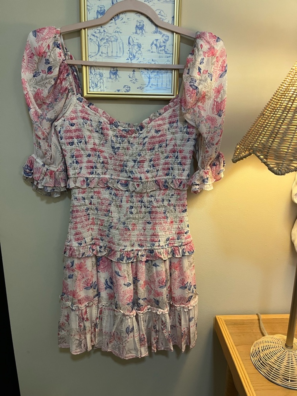 Smocked Floral Puff-Sleeve Mini Dress - Pink Floral